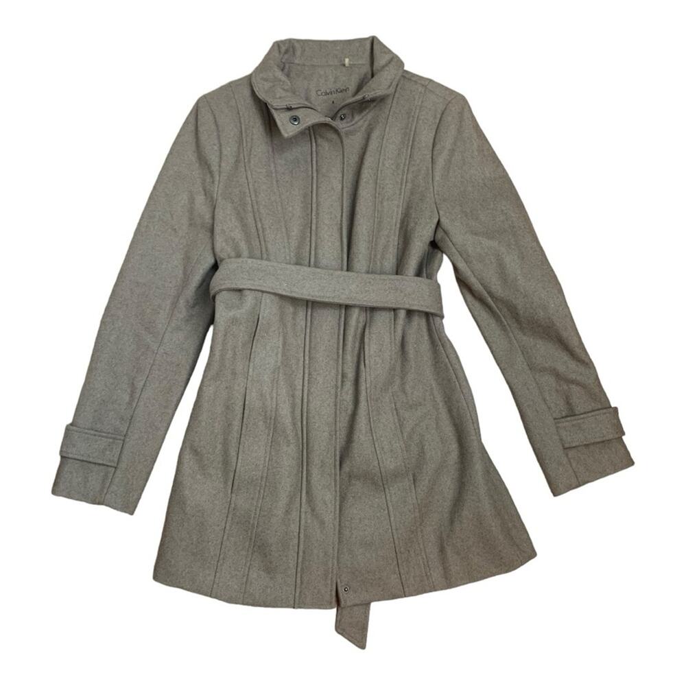 Calvin Klein womens size 4 pea coat small wool blend tan tie hooded business pr